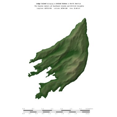 Güneydoğu Alaska ve Britanya Kolumbiyası 'nın Sahil Suları' ndaki Lodge Adası, Amerika Birleşik Devletleri 'ne ait, renkli bir yükseklik haritasında izole edilmiş,