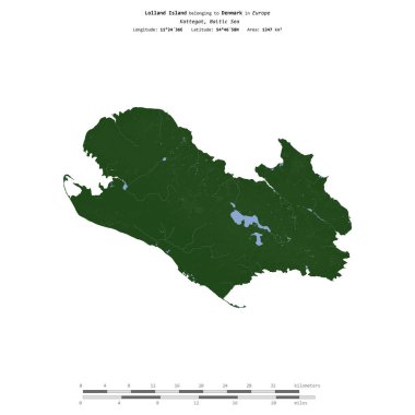 Danimarka 'ya ait Kattegat' taki Lolland Adası, uzaklık ölçeğinde, renkli bir yükseklik haritasında izole edilmiştir.