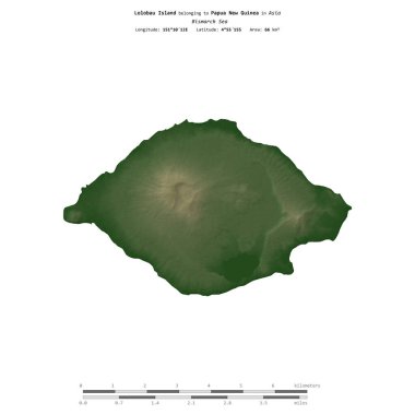 Bismarck Denizi 'ndeki Lolobau Adası, Papua Yeni Gine' ye ait, renkli bir yükseklik haritasında izole edilmiş, mesafe ölçeğinde.