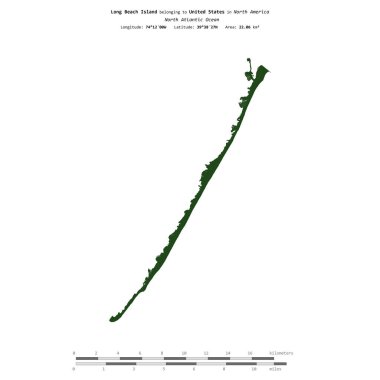 Amerika Birleşik Devletleri 'ne ait olan Kuzey Atlantik Okyanusu' ndaki Long Beach Adası, uzaklık ölçeğinde, renkli bir yükseklik haritasında izole edilmiştir.