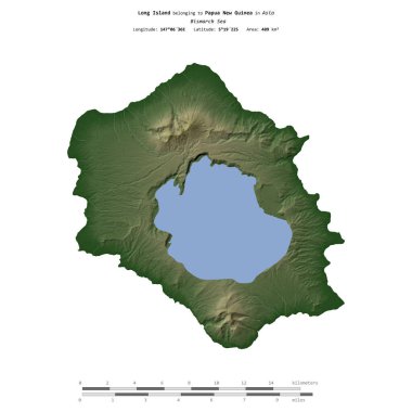 Bismarck Denizi 'nde bulunan ve Papua Yeni Gine' ye ait olan Long Island, uzaklık ölçeğine sahip renkli bir yükseklik haritasında izole edilmiştir.