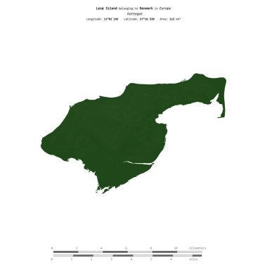 Kattegat 'taki Ls Adası, Danimarka' ya ait, uzaklık ölçeğinde, renkli bir yükseklik haritasında izole edilmiş.