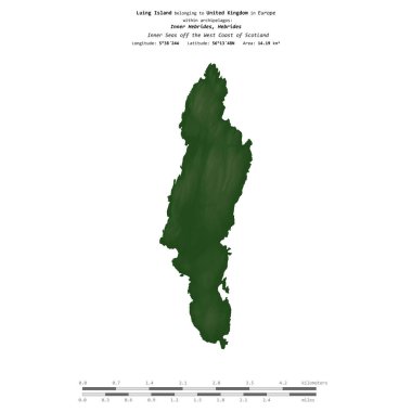 İskoçya 'nın batı kıyısındaki İç Denizler' deki Luing Adası, Birleşik Krallık 'a ait, renkli bir yükseklik haritasında izole edilmiş,