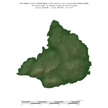 Güneydoğu Alaska ve Britanya Kolumbiyası 'nın Sahil Suları' ndaki Lulu Adası, Amerika Birleşik Devletleri 'ne ait, renkli bir yükseklik haritasında izole edilmiş,