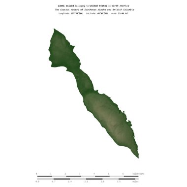 Güneydoğu Alaska ve Britanya Kolumbiyası 'nın Kıyı Suları' ndaki Lummi Adası, Amerika Birleşik Devletleri 'ne ait, renkli bir yükseklik haritasında izole edilmiş,