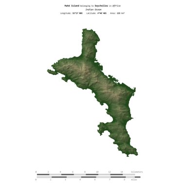 Hint Okyanusu 'ndaki Mahe Adası, Seyşeller' e ait, uzaklık ölçeğinde, renkli bir yükseklik haritasında izole edilmiş.