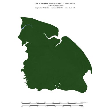 Brezilya 'ya ait Güney Atlantik Okyanusu' ndaki Ilha de Maiandeua, uzaklık ölçeğine sahip renkli bir yükseklik haritasında izole edilmiştir.