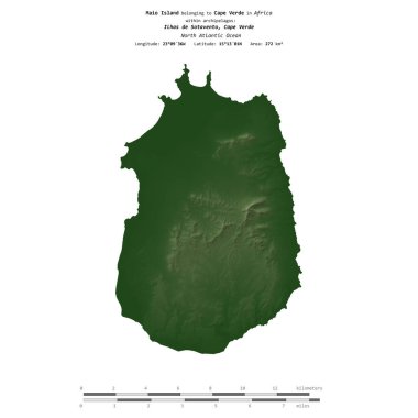 Kuzey Atlantik Okyanusu 'ndaki Maio Adası, Cape Verde' ye ait, uzaklık ölçeğinde, renkli bir yükseklik haritasında izole edilmiş.