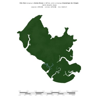 Kuzey Atlantik Okyanusu 'ndaki Ilha Maio, Gine-Bissau' ya ait, uzaklık ölçeğinde, renkli bir yükseklik haritasında izole edilmiş.