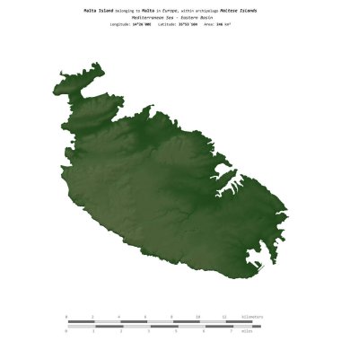 Akdeniz 'deki Malta Adası - Malta' ya ait Doğu Havzası, uzaklık ölçeğine sahip renkli bir yükseklik haritasında izole edilmiş.