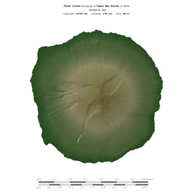 Bismarck Denizi 'ndeki Manam Adası, Papua Yeni Gine' ye ait, uzaklık ölçeğinde, renkli bir yükseklik haritasında izole edilmiş.