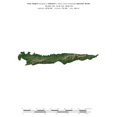 Endonezya 'ya ait Ceram Denizi' ndeki Pulau Mangole, uzaklık ölçeğine sahip renkli bir yükseklik haritasında izole edilmiştir.
