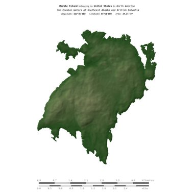 Güneydoğu Alaska ve Britanya Kolumbiyası 'nın Sahil Suları' ndaki Mermer Ada, Amerika Birleşik Devletleri 'ne ait, renkli bir yükseklik haritasında izole edilmiş,