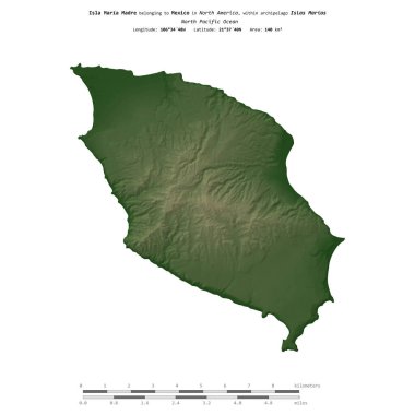 Meksika 'ya ait Kuzey Pasifik Okyanusu' ndaki Maria Madre adası, uzaklık ölçeğinde, renkli bir yükseklik haritasında izole edilmiştir.
