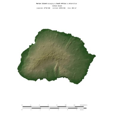 Hint Okyanusu 'ndaki Marion Adası, Güney Afrika' ya ait, uzaklık ölçeğinde, renkli bir yükseklik haritasında izole edilmiş.