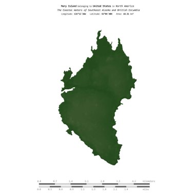 Güneydoğu Alaska ve Britanya Kolumbiyası 'nın Sahil Suları' ndaki Mary Adası, Amerika Birleşik Devletleri 'ne ait, renkli bir yükseklik haritasında izole edilmiş,