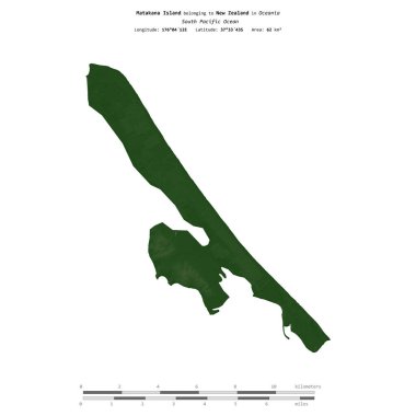 Yeni Zelanda 'ya ait Güney Pasifik Okyanusu' ndaki Matakana Adası, uzaklık ölçeğine sahip renkli bir yükseklik haritası üzerinde izole edilmiştir.