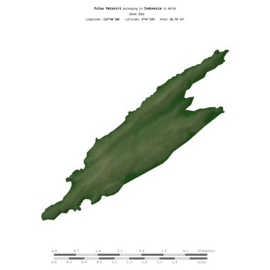 Endonezya 'ya ait Java Denizi' ndeki Pulau Matasiri, uzaklık ölçeğine sahip renkli bir yükseklik haritasında izole edilmiştir.