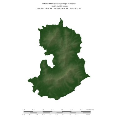 Fiji 'ye ait olan Güney Pasifik Okyanusu' ndaki Matuku Adası, uzaklık ölçeğine sahip renkli bir yükseklik haritasında izole edilmiştir.