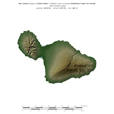 Amerika Birleşik Devletleri 'ne ait Kuzey Pasifik Okyanusu' ndaki Maui Adası, uzaklık ölçeğinde, renkli bir yükseklik haritasında izole edilmiştir.