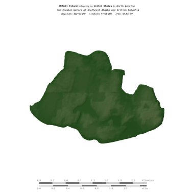 Güneydoğu Alaska ve Britanya Kolumbiyası 'nın Sahil Suları' ndaki McNeil Adası, Amerika Birleşik Devletleri 'ne ait, renkli bir yükseklik haritasında izole edilmiş,