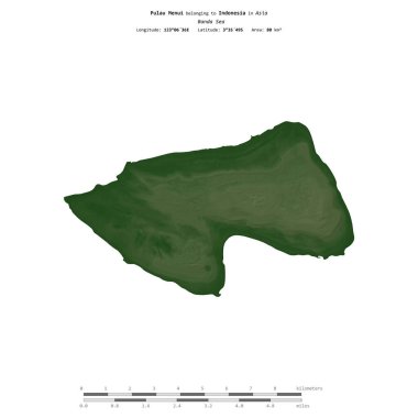Endonezya 'ya ait Banda Denizi' ndeki Pulau Menui, uzaklık ölçeğine sahip renkli bir yükseklik haritasında izole edilmiştir.