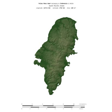 Endonezya 'ya ait Güney Pasifik Okyanusu' ndaki Pulau Meos Waar, uzaklık ölçeğinde, renkli bir yükseklik haritasında izole edilmiştir.