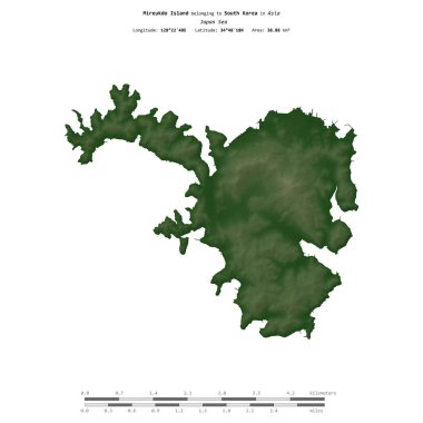 Güney Kore 'ye ait Japon Denizi' ndeki Mireukdo Adası, uzaklık ölçeğinde, renkli bir yükseklik haritasında izole edilmiştir.