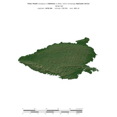 Endonezya 'ya ait Ceram Denizi' ndeki Pulau Misool, uzaklık ölçeğine sahip renkli bir yükseklik haritasında izole edilmiştir.