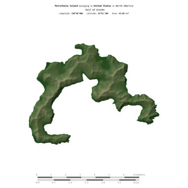 Amerika Birleşik Devletleri 'ne ait Alaska Körfezi' ndeki Mitrofania Adası, uzaklık ölçeğinde, renkli bir yükseklik haritasında izole edilmiştir.