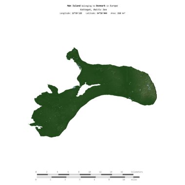 Danimarka 'ya ait Kattegat' taki Mn Adası, uzaklık ölçeğine sahip renkli bir yükseklik haritasında izole edilmiştir.