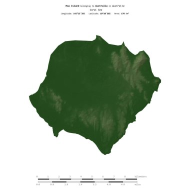 Avustralya 'ya ait Mercan Denizi' ndeki Moa Adası, uzaklık ölçeğine sahip renkli bir yükseklik haritasında izole edilmiştir.