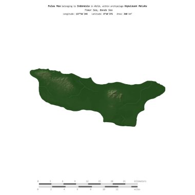 Endonezya 'ya ait Timor Denizi' ndeki Pulau Moa, uzaklık ölçeğine sahip renkli bir yükseklik haritasında izole edilmiştir.