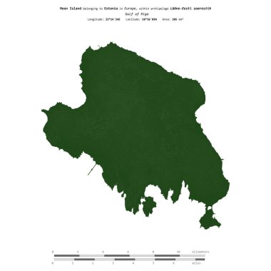 Riga Körfezi 'ndeki Ay Adası, Estonya' ya ait, uzaklık ölçeğinde, renkli bir yükseklik haritasında izole edilmiş.