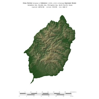 Endonezya 'ya ait Molukka Denizi' ndeki Pulau Morotai, uzaklık ölçeğine sahip renkli bir yükseklik haritasında izole edilmiştir.