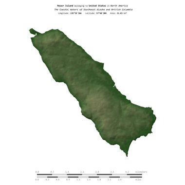 Güneydoğu Alaska ve Britanya Kolumbiyası 'nın Sahil Suları' ndaki Moser Adası, Amerika Birleşik Devletleri 'ne ait, renkli bir yükseklik haritasında izole edilmiş,