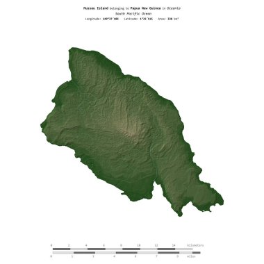 Güney Pasifik Okyanusu 'ndaki Mussau Adası, Papua Yeni Gine' ye ait, uzaklık ölçeğine sahip renkli bir yükseklik haritasında izole edilmiştir.