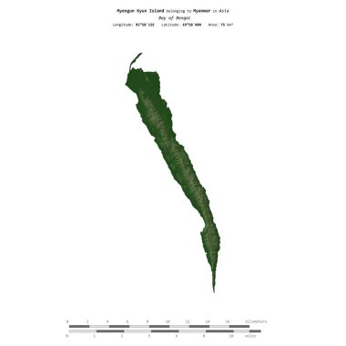 Bengal Körfezi 'ndeki Myengun Kyun Adası, Myanmar' a ait, uzaklık ölçeğinde, renkli bir yükseklik haritasında izole edilmiş.