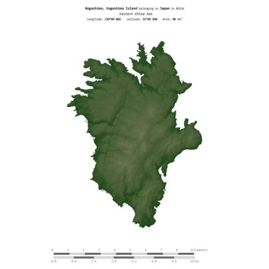 Japonya 'ya ait Doğu Çin Denizi' ndeki Nagashima, Kagoshima Adası, uzaklık ölçeğinde, renkli bir yükseklik haritasında izole edilmiştir.