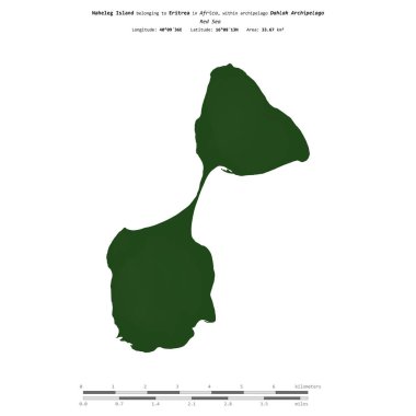Eritre 'ye ait Kızıl Deniz' deki Naheleg Adası, uzaklık ölçeğinde, renkli bir yükseklik haritasında izole edilmiştir.