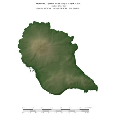 Nakanoshima, Doğu Çin Denizi 'ndeki Kagoshima Adası, Japonya' ya ait, uzaklık ölçeğinde, renkli bir yükseklik haritasında izole edilmiş.