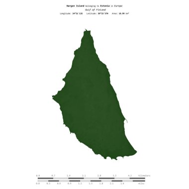 Estonya 'ya ait olan Finlandiya Körfezi' ndeki Nargen Adası, uzaklık ölçeğine sahip renkli bir yükseklik haritasında izole edilmiştir.