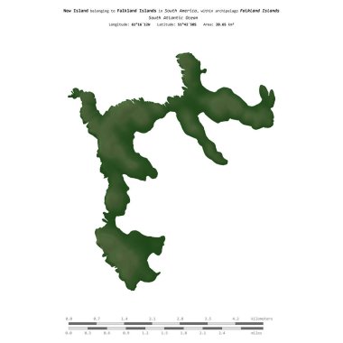 Falkland Adaları 'na ait Güney Atlantik Okyanusu' ndaki Yeni Ada, uzaklık ölçeğinde, renkli bir yükseklik haritasında izole edilmiştir.