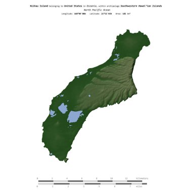 Amerika Birleşik Devletleri 'ne ait Kuzey Pasifik Okyanusu' ndaki Niihau Adası, uzaklık ölçeğine sahip renkli bir yükseklik haritası üzerinde izole edilmiştir.