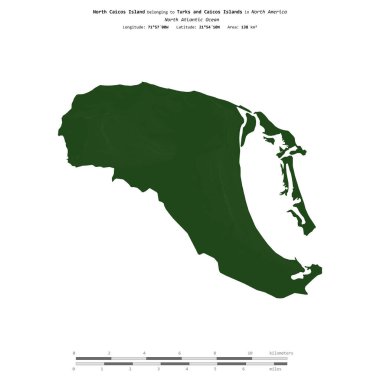 Kuzey Atlantik Okyanusu 'ndaki Kuzey Caicos Adası. Turks ve Caicos Adalarına ait. Renkli bir yükseklik haritasında izole edilmiş.