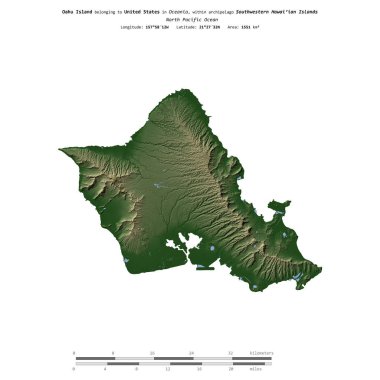 Amerika Birleşik Devletleri 'ne ait Kuzey Pasifik Okyanusu' ndaki Oahu Adası, uzaklık ölçeğinde, renkli bir yükseklik haritasında izole edilmiştir.