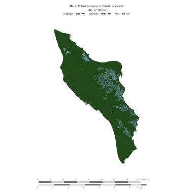 Biscay Körfezi 'ndeki Ile d' Oleron, Fransa 'ya ait, uzaklık ölçeğinde, renkli bir yükseklik haritasında izole edilmiş.