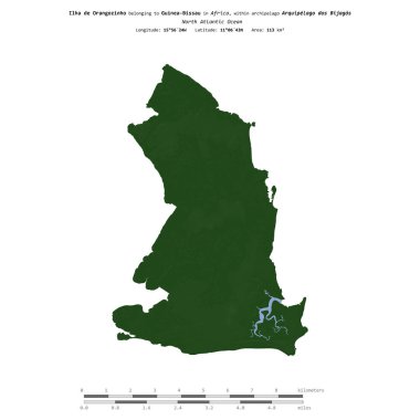 Kuzey Atlantik Okyanusu 'ndaki Ilha de Orangozinho, Gine-Bissau' ya ait, renkli bir yükseklik haritasında izole edilmiş,