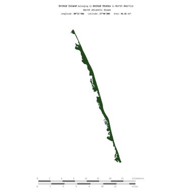 Amerika Birleşik Devletleri 'ne ait Kuzey Atlantik Okyanusu' ndaki Orkide Adası, uzaklık ölçeğinde, renkli bir yükseklik haritasında izole edilmiştir.