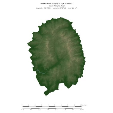 Fiji 'ye ait Güney Pasifik Okyanusu' ndaki Ovalau Adası, uzaklık ölçeğinde, renkli bir yükseklik haritasında izole edilmiştir.